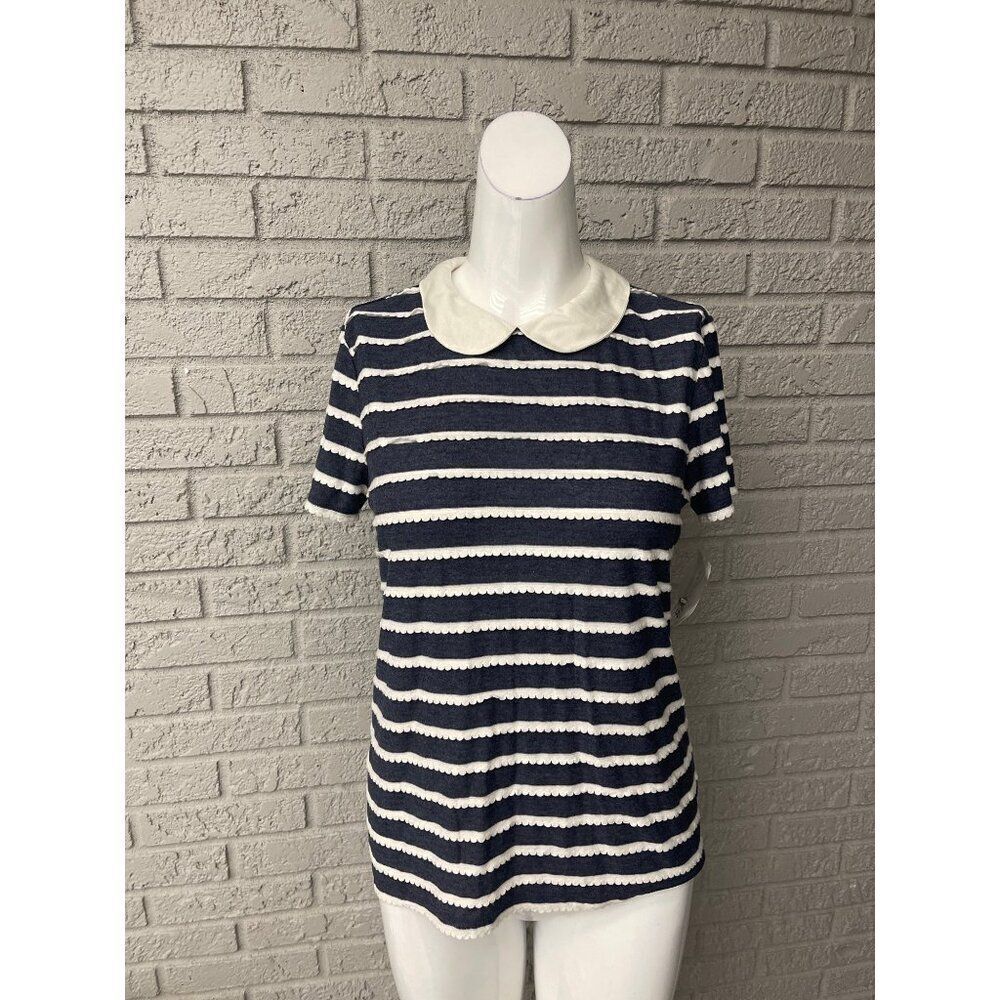 Anthropologie Maison Jules Women Blue /White Stripe Scallop Top Size M NWT